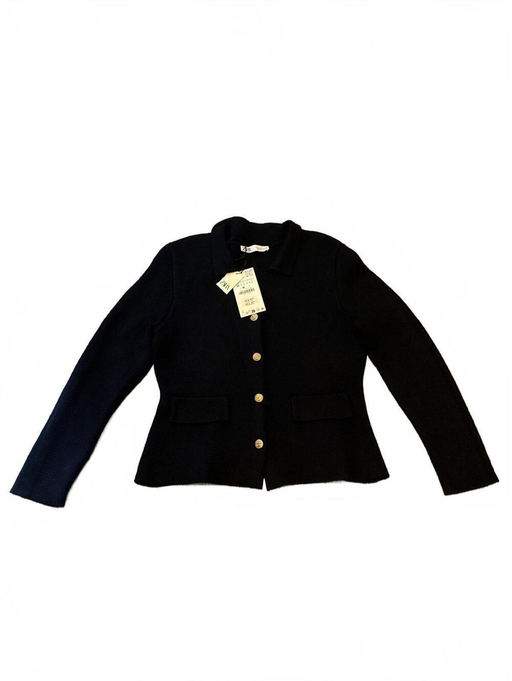 NWT Zara Plain Knit Cardigan Jacket Gold Button Detail Navy Blue Size M
